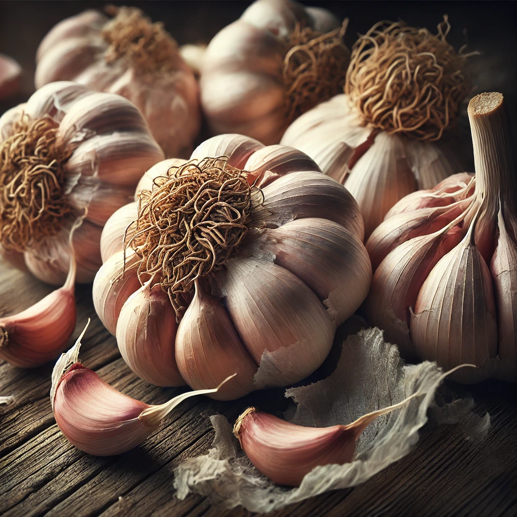 Several bulbs of hardneck garlic with their papery skins intact, arranged on a wooden surface.